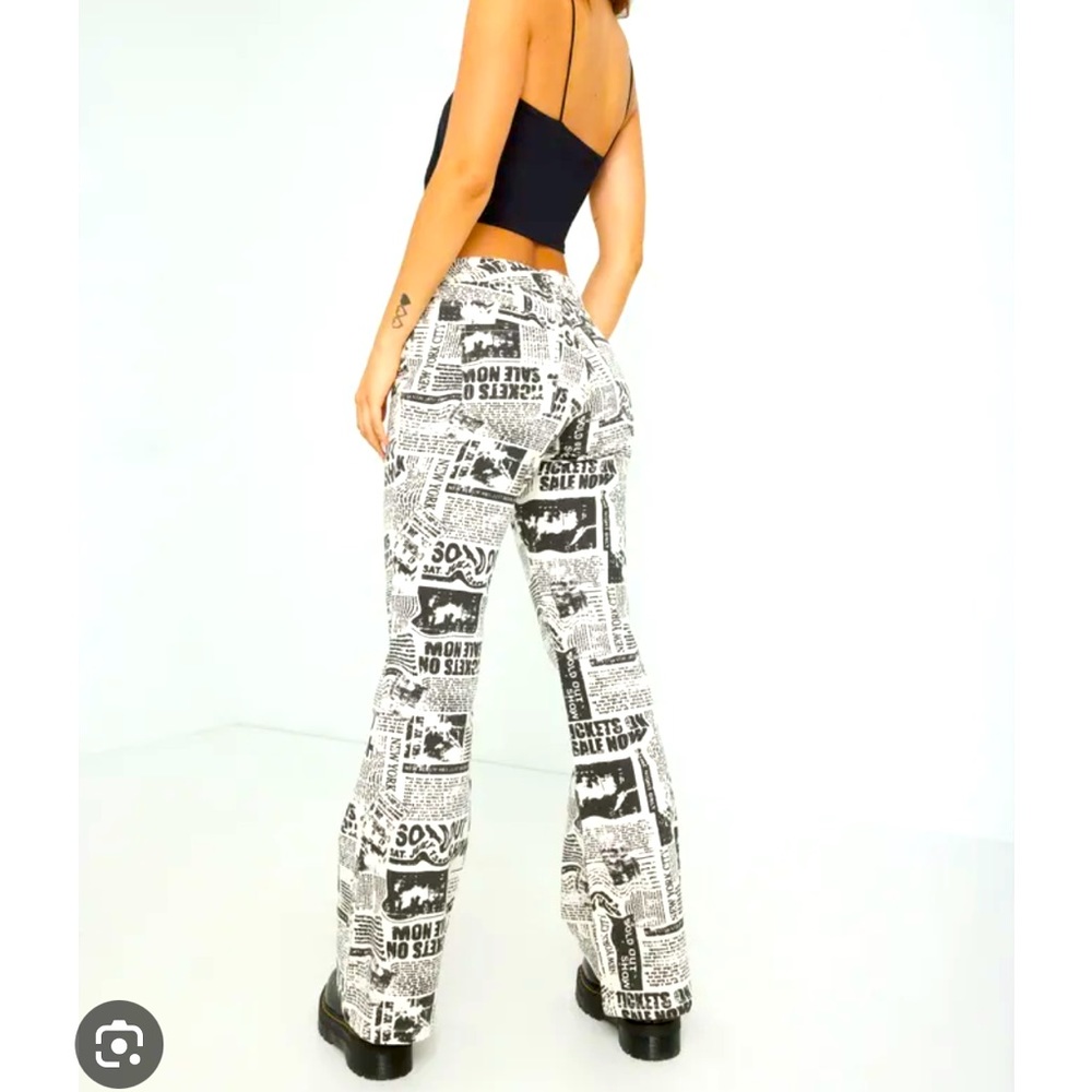 Garage Black and White Newspaper Print Flare Jeans UNIQUE